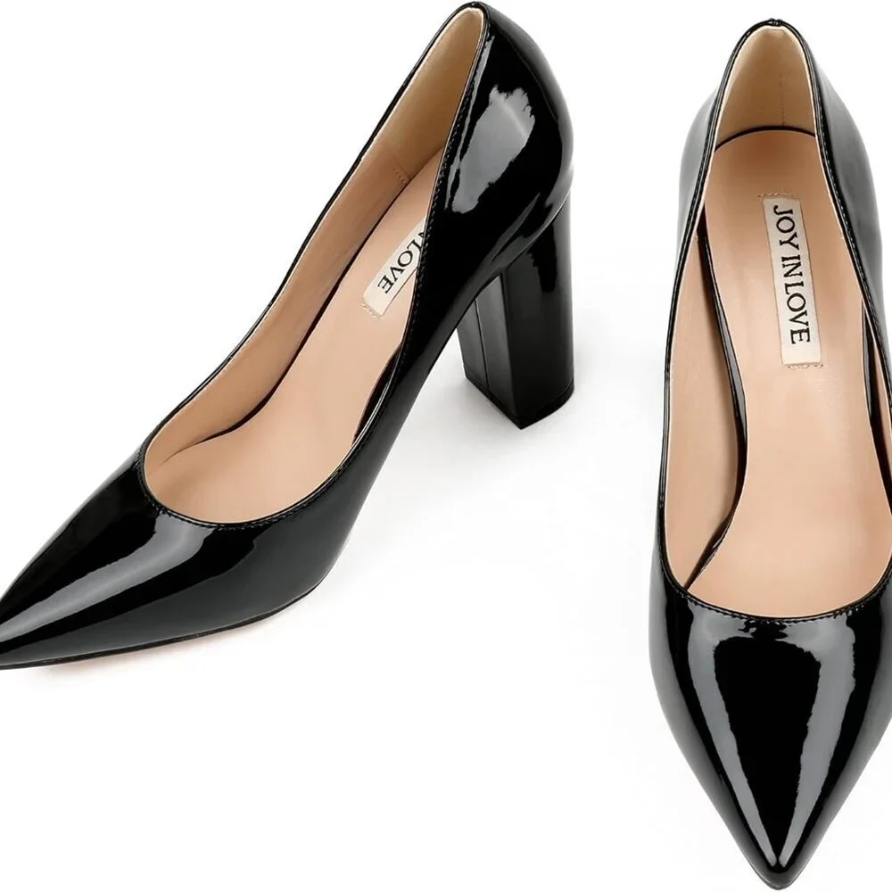 Women Chunky Heels Faux Patent Leather 8 Stylish Pointed Toe Pumps - Picture 2 of 6